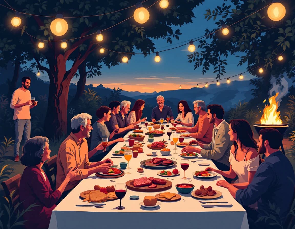 A long table outdoors at dusk under string lights, a dozen people sharing an Argentine asado