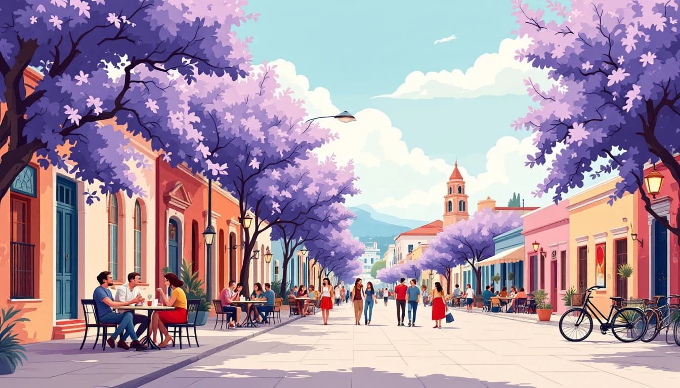 A sunlit Buenos Aires street under jacaranda trees, people talking at outdoor café tables
