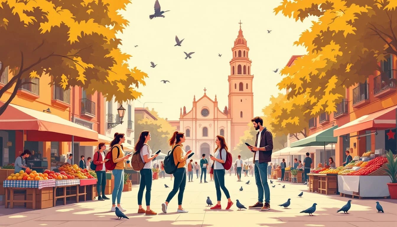 A teacher and a small group of students talking with a market vendor in a sunlit Argentine plaza
