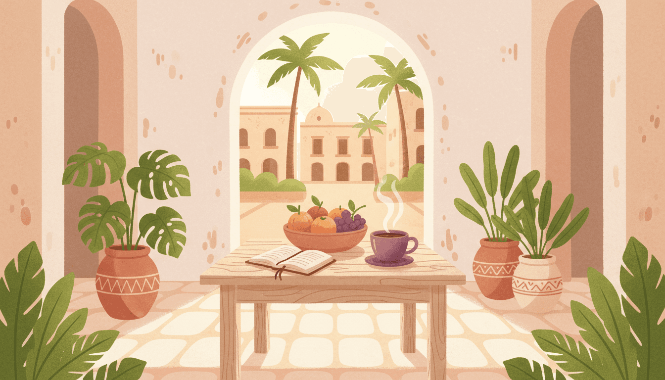 a patio, table and book