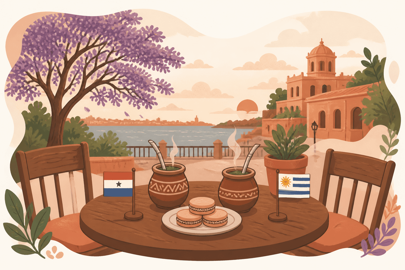 A café table with two mates, alfajores, and small flags of Paraguay and Uruguay overlooking the river at sunset